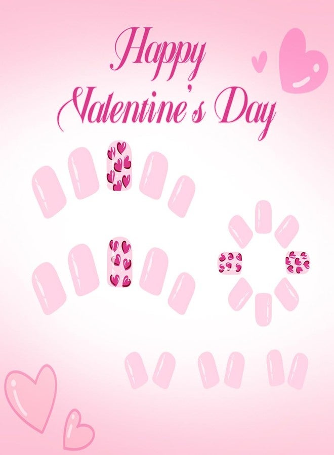 OSTTMA 24Pcs Pink Heart Press on Nails Short Square Fake Nails Valentine Nail Tips Cute Glossy Heart Glue on Nail Full Cover Valentines Stick on Nails for Women Manicure - Image 5